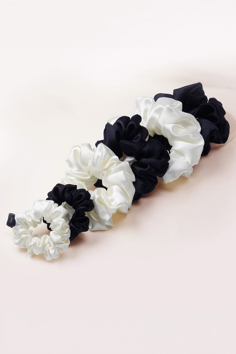 Black & White Silk Satin Scrunchies - Set of 6, Main, color, White