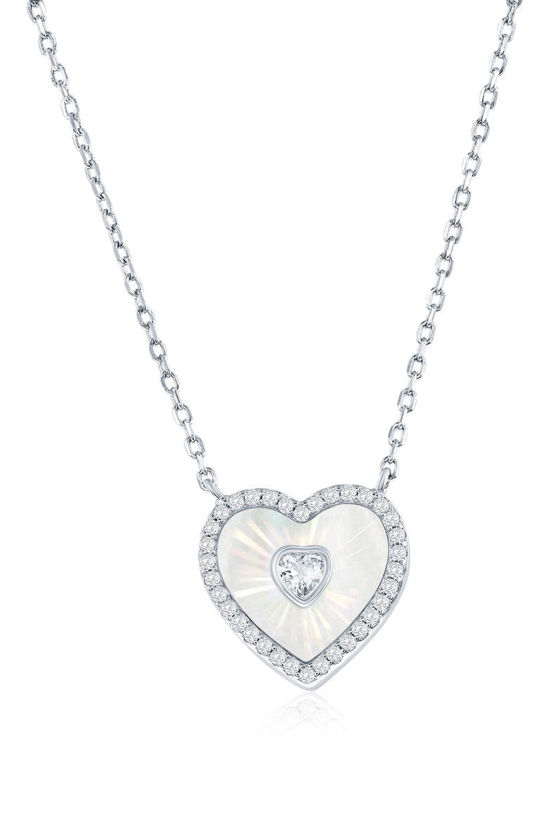 Cubic Zirconia & Mother-of-Pearl Heart Pendant Necklace, Main, color, SILVER