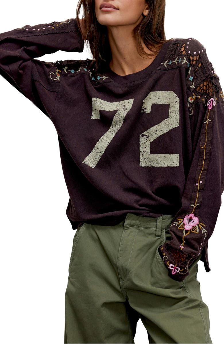 Free People Lilith Floral Embroidered Cotton Graphic Football T-Shirt, Main, color, Chocolate