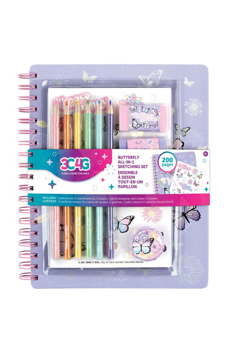 Three Cheers For Girls 3C4G Butterfly Allin1 Sketching Set Journal & Art 200 Page Book, Main, color, 
