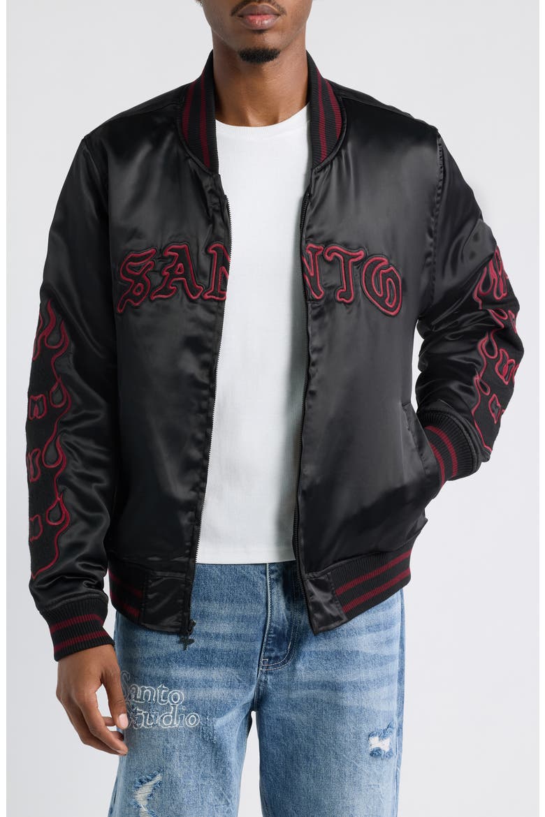 Flames Varsity Jacket, Main, color, BLACK