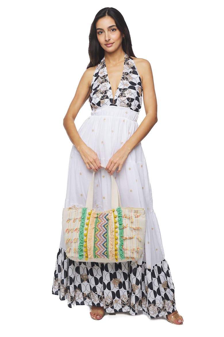 Sequin Border Print Maxi Dress, Alternate, color, WHITE