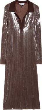 MONSE Long Sleeve Sequin Mesh Midi Polo Dress