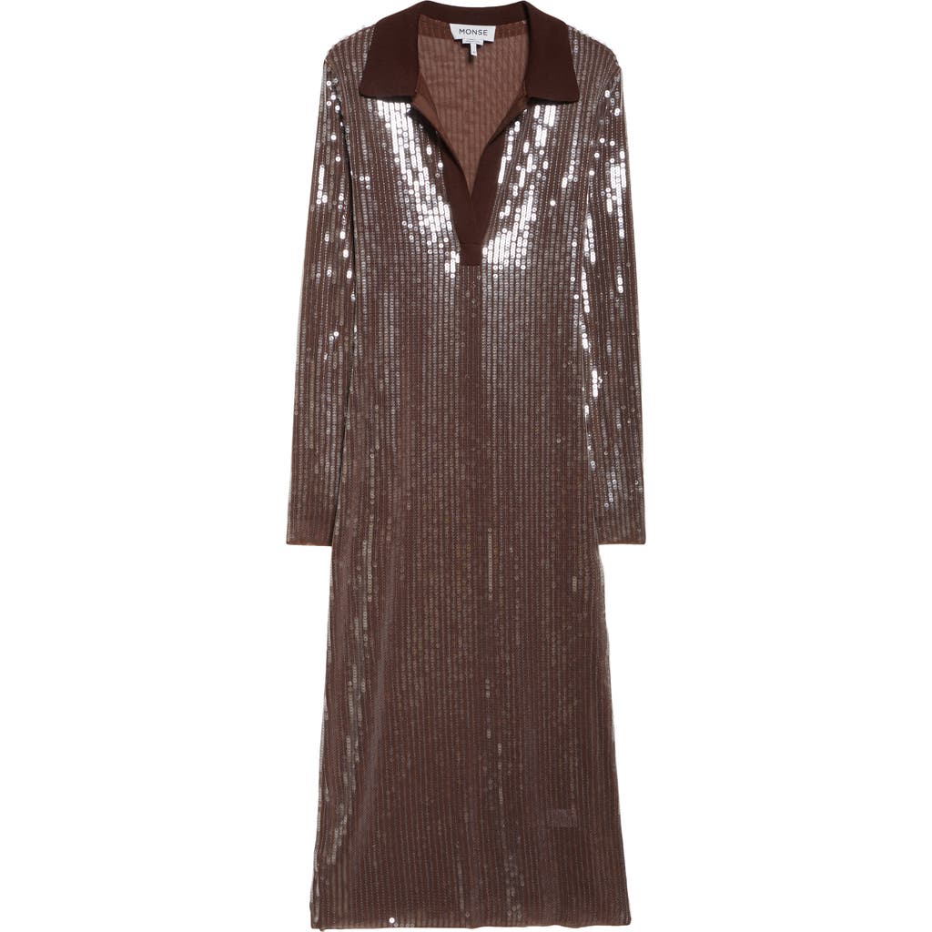 Monse Long Sleeve Sequin Mesh Midi Polo Dress In Brown