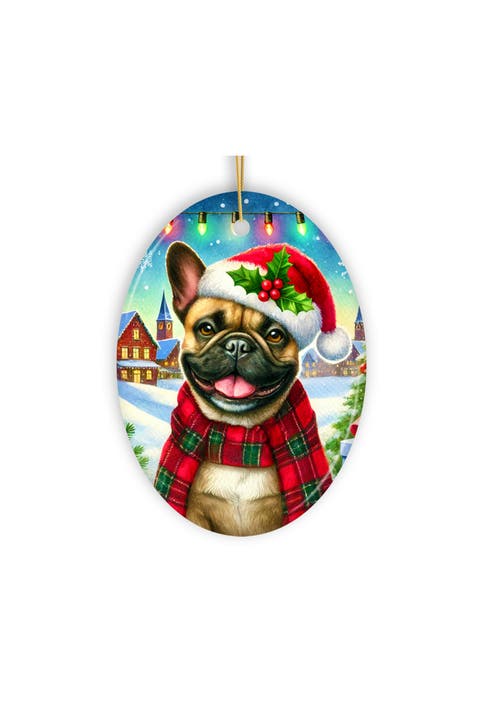 Snowy Santa Hat French Bulldog Oval Ornament