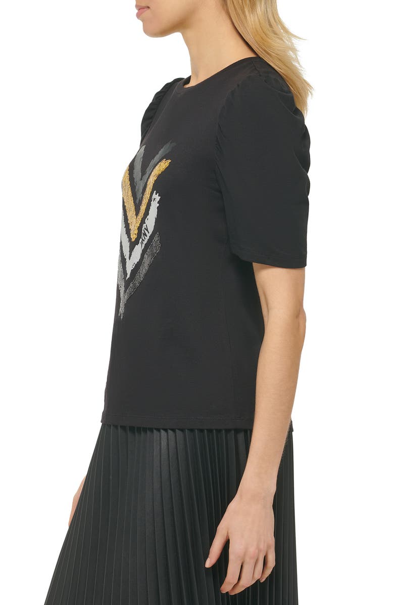 DKNY Ruched Puff Sleeve Mixed Media Logo Top, Alternate, color, 