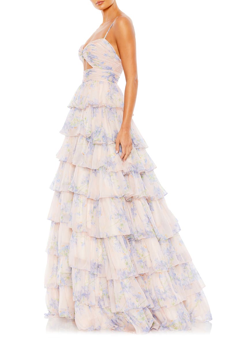 Floral Cut Out Ruffle Layered Gown, Alternate, color, VIOLET MULTI
