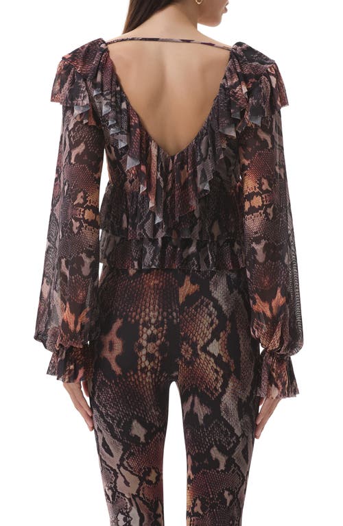 Afrm Addison Snakeskin Print Ruffle Top In Brown