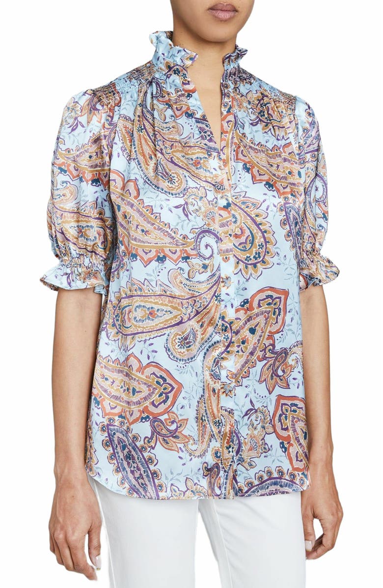 Santorelli ELISA Ruffle Neck Short Sleeve Blouse in Printed Silk Charmeuse, Main, color, 