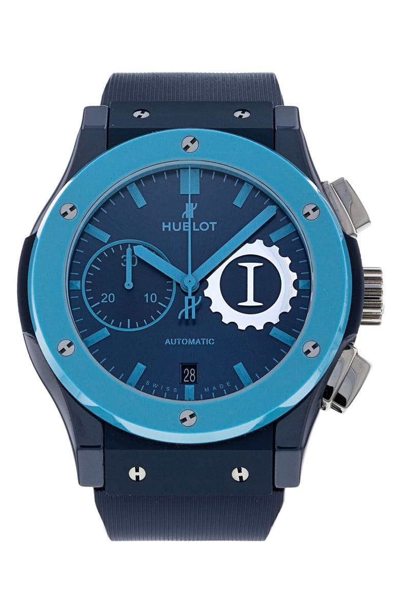 Watchfinder & Co. Hublot Preowned 2020 Classic Fusion 521.EX.7170.RX.GIT19 Chronograph Rubber Strap Watch, 45mm, Main, color, Blue