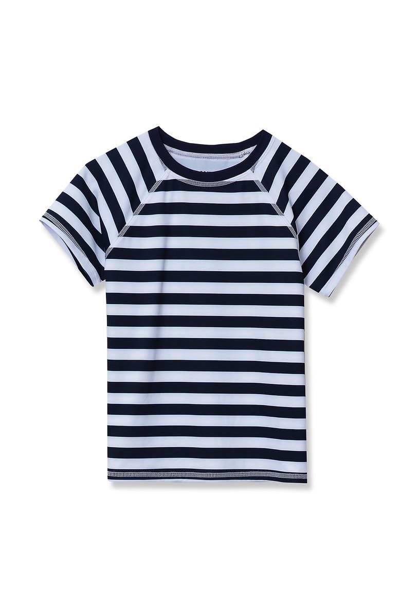 Girls Graphic Mock Neck UPF 50 Sun Protection Rash Guard, Main, color, Deep Sea Navy Stripes