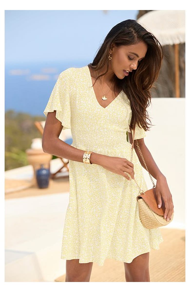 LASCANA Women's Floral Flutter Sleeve Dress, Alternate, color, Yellow