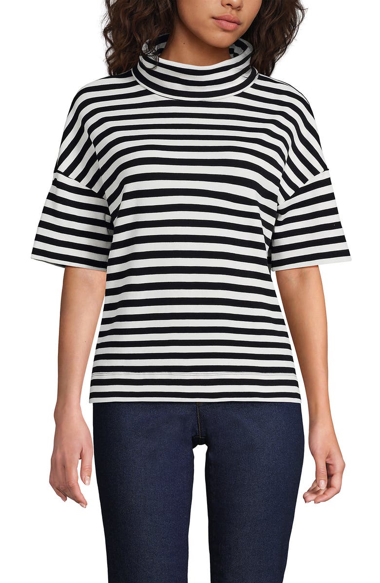 Lands' End Elbow Sleeve Supima Cotton Relaxed Turtleneck, Alternate, color, Black Even Stripe