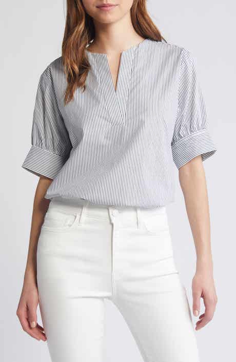 FRAME Stripe Split Neck Organic Cotton Popover Top