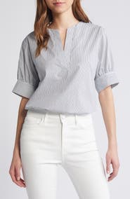 FRAME Stripe Split Neck Organic Cotton Popover Top