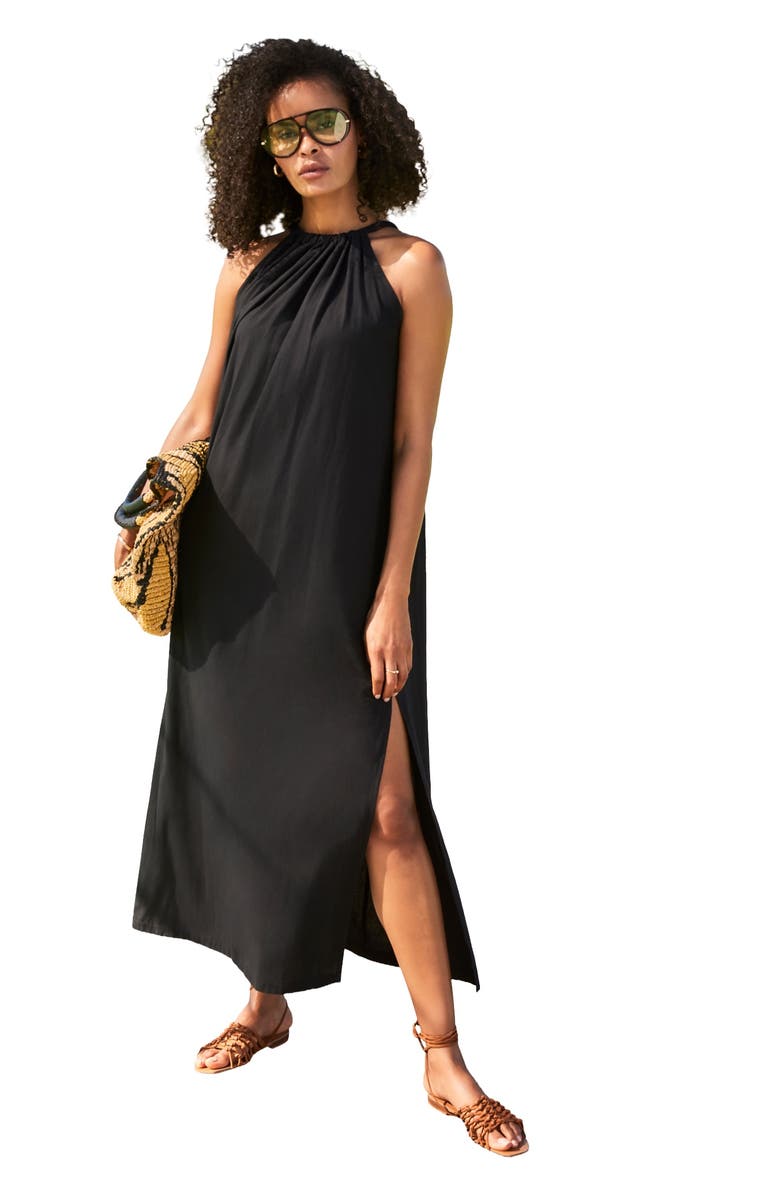 Swimsuits for All Cotton High Neck Maxi Dress Cover Up, Main, color, Black