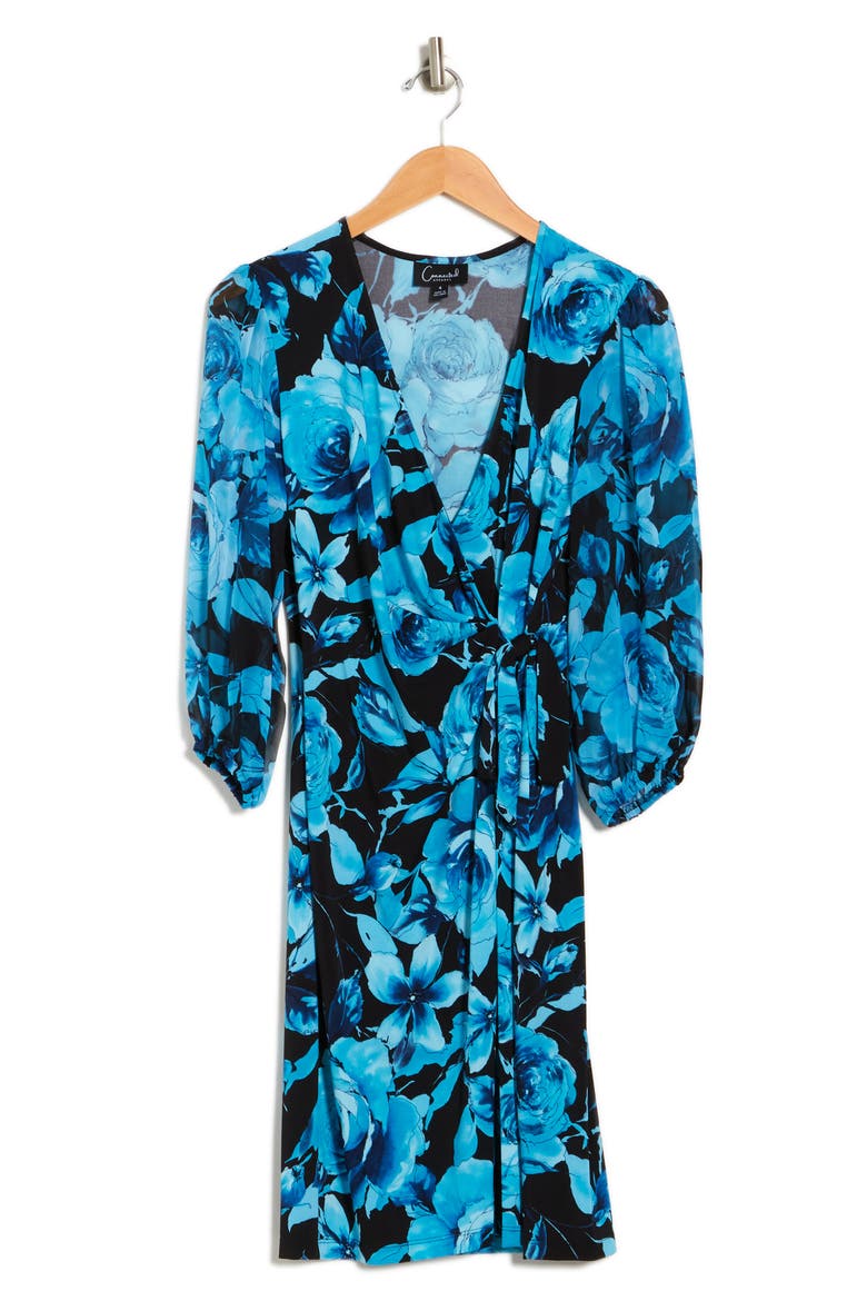 Floral Chiffon Sleeve Faux Wrap Dress, Alternate, color, DEEP TURQ