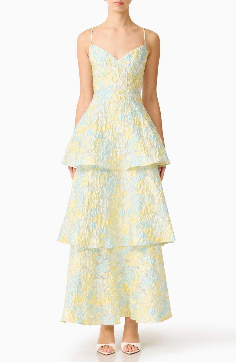 Elliatt Penelope Tiered Sleeveless Jacquard Gown, Main, color, Yellow Blue