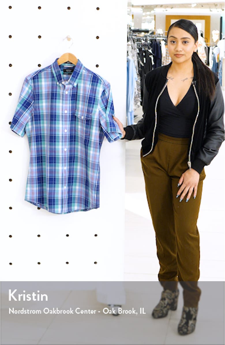 Regular Fit Plaid Short Sleeve Button-Down Linen Blend Shirt, sales video thumbnail