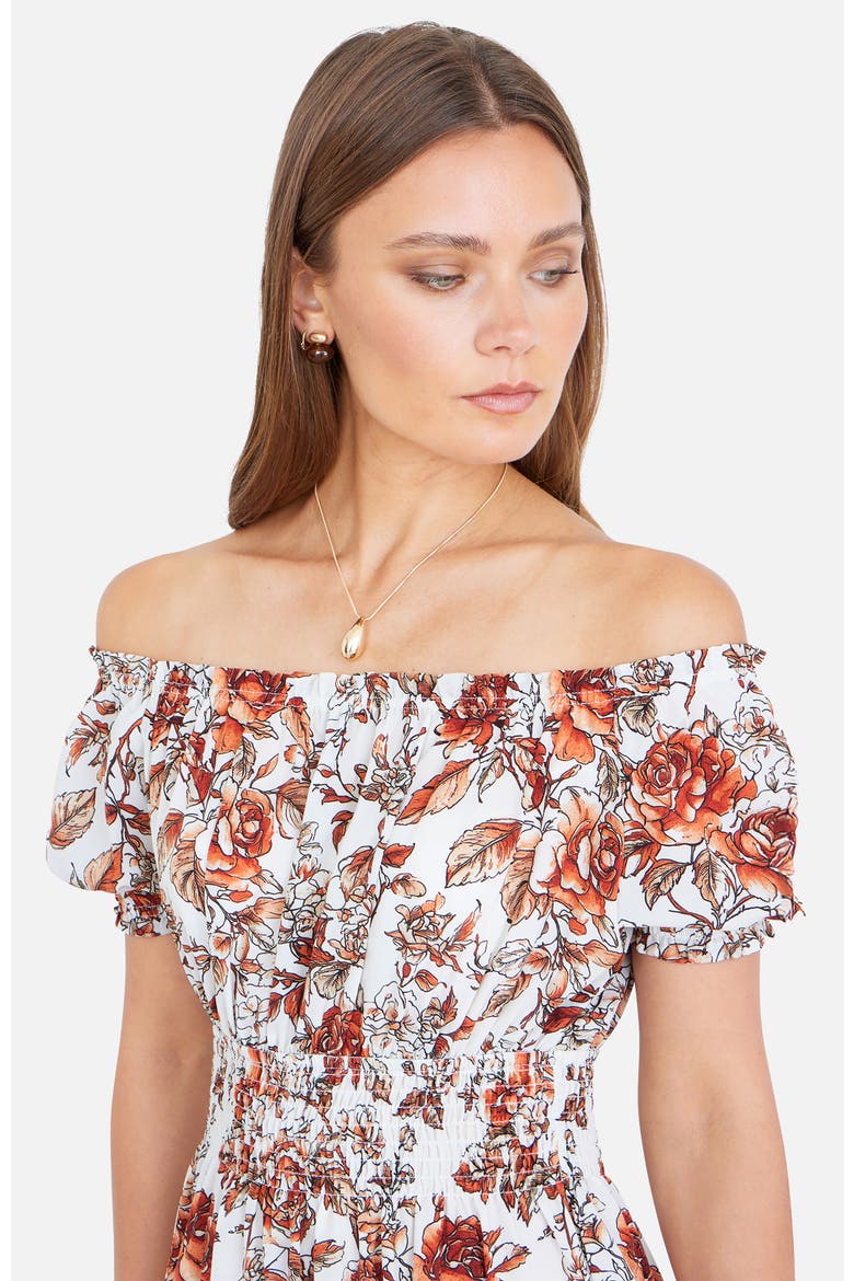 Floral Ruched Waist Midi Dress, Alternate, color, Orange