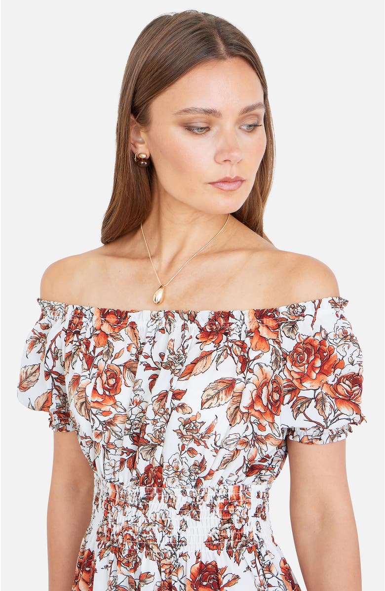 Yumi Floral Ruched Waist Midi Dress, Alternate, color, Orange