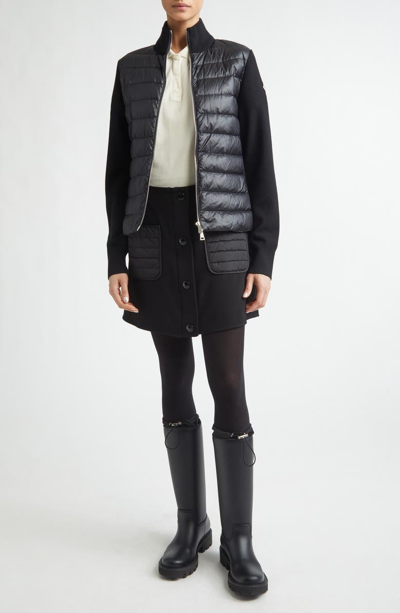 Moncler Wool Knit & Down Cardigan, Alternate, color, Black