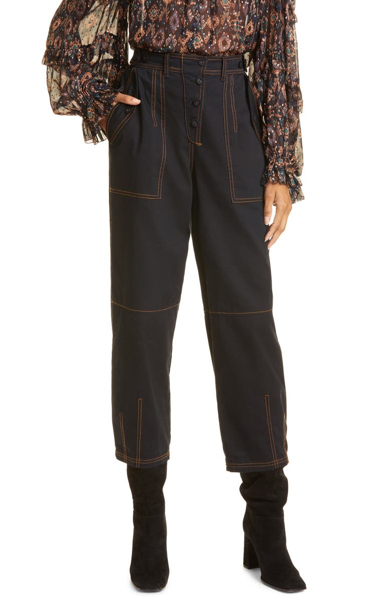 Ulla Johnson Jupiter Topstitch Crop Pants, Main, color, Raven