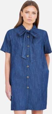 Yumi Chambray Tunic With Pussy Bow Tie