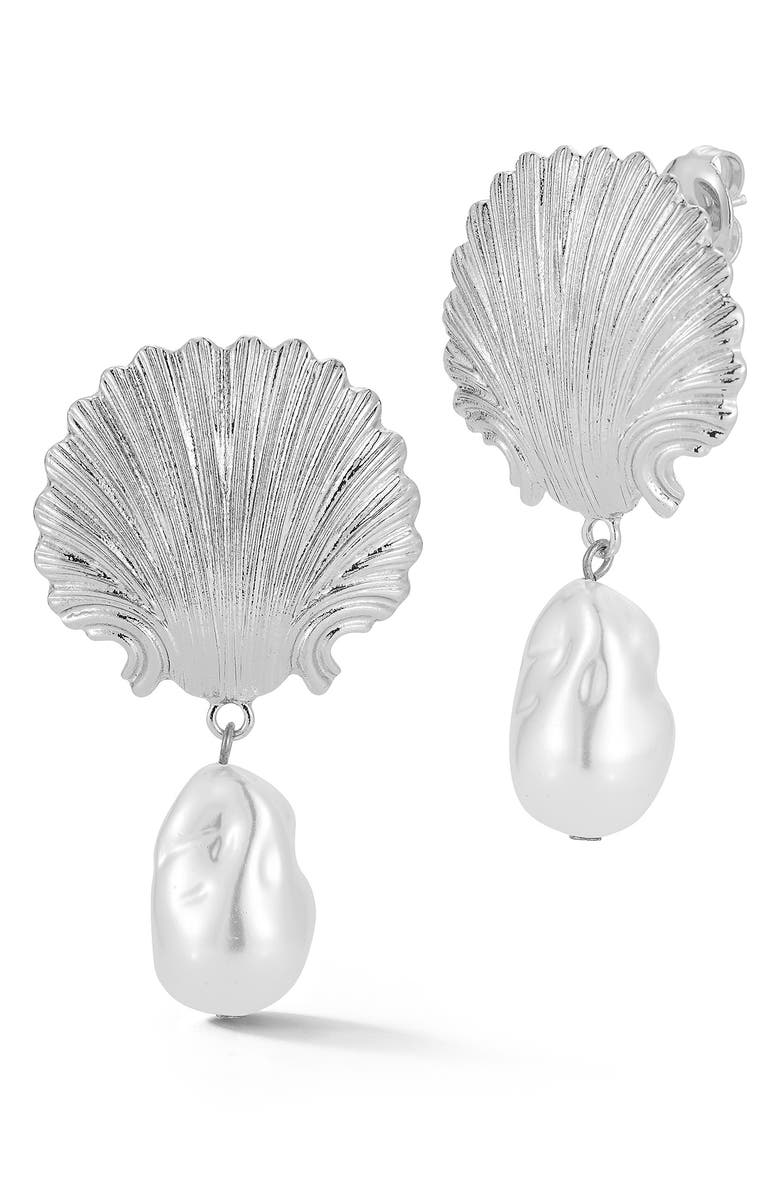 SPHERA MILANO Faux Pearl Seashell Drop Earrings, Main, color, Silver