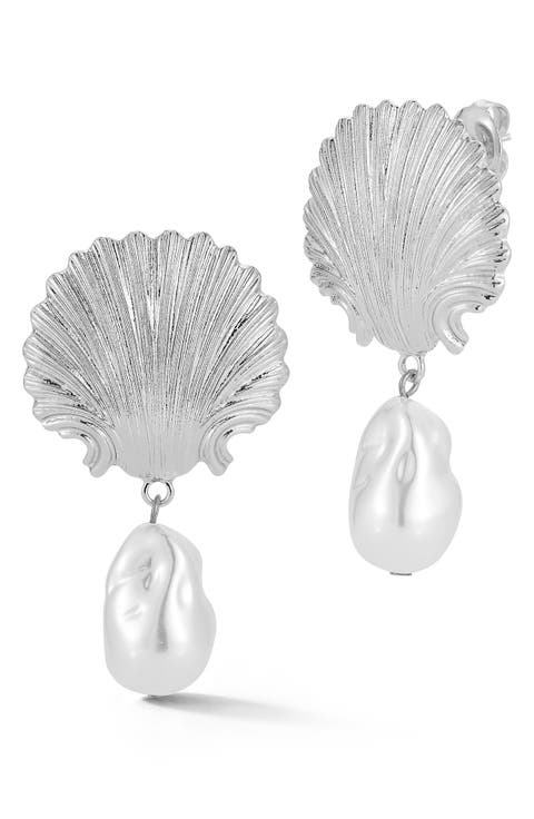Faux Pearl Seashell Drop Earrings