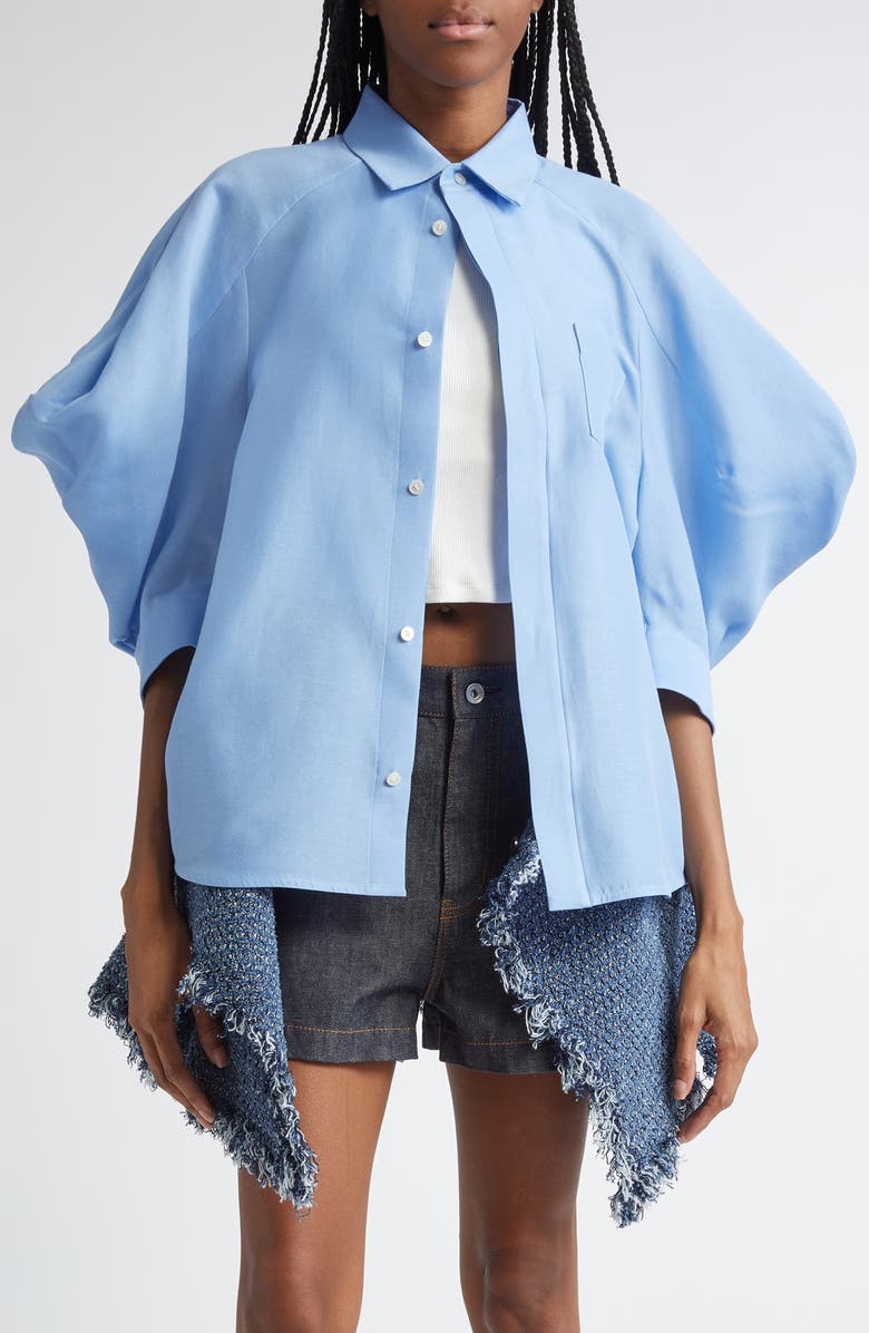 Sacai Silk & Cotton Balloon Raglan Sleeve Button-Up Shirt, Main, color,