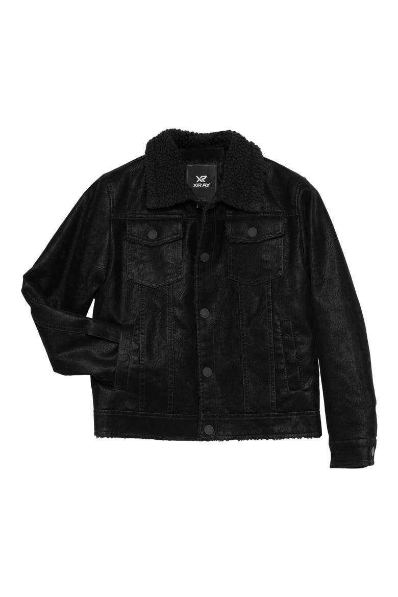 Kids' Fleece Lined Faux Leather Trucker Jacket, Main, color, BLACK