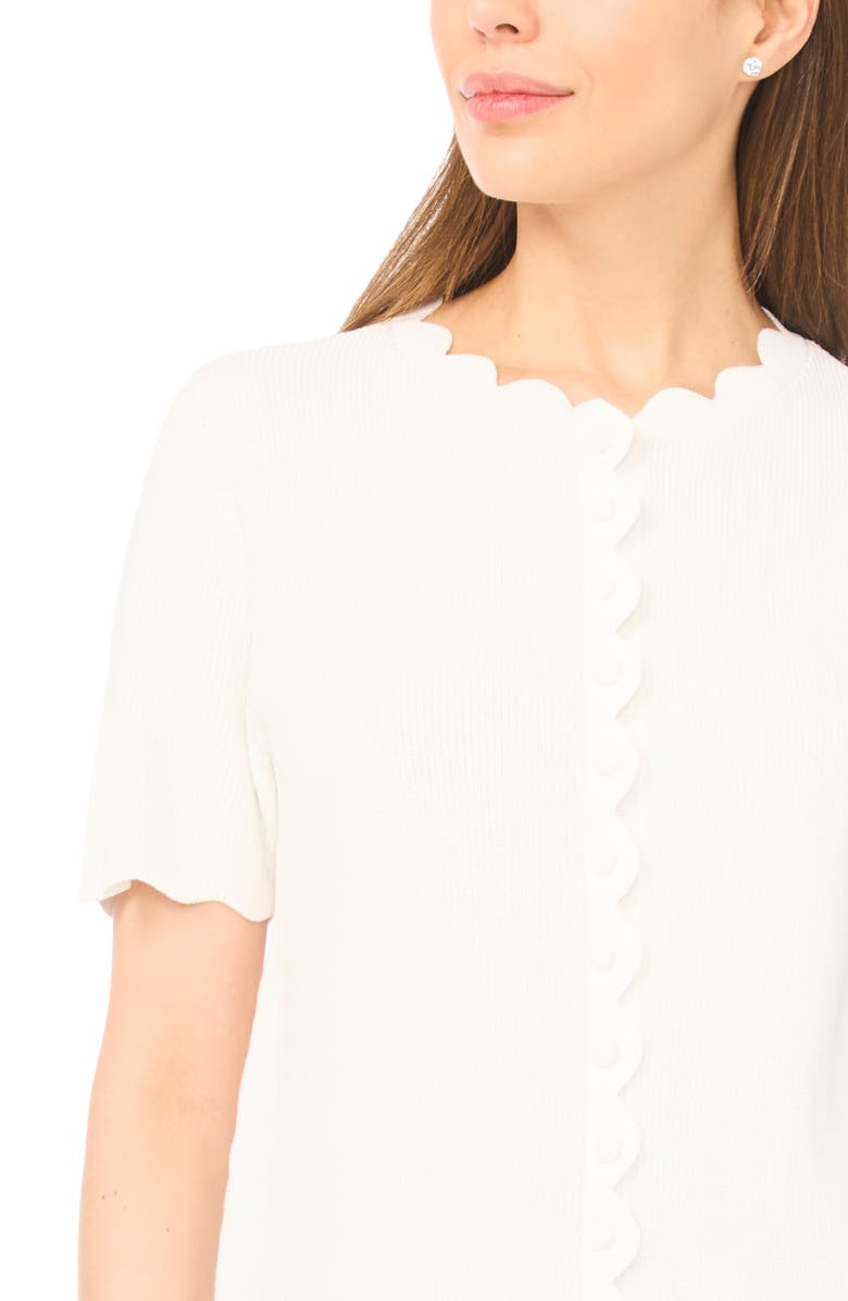CeCe Scallop Edge Short Sleeve Cardigan, Alternate, color, Antique White