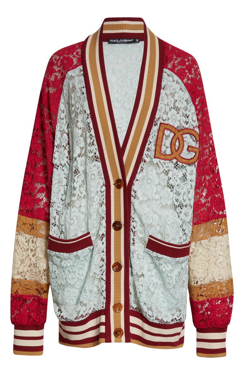 Dolce&Gabbana Logo Oversize Colorblock Lace Varsity Cardigan, Alternate, color, 