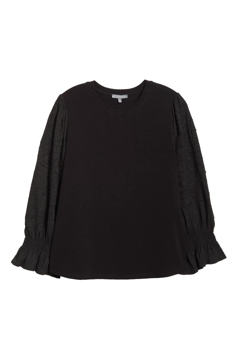 Mixed Media Smocked Sleeve Top(Plus), Alternate, color, BLACK
