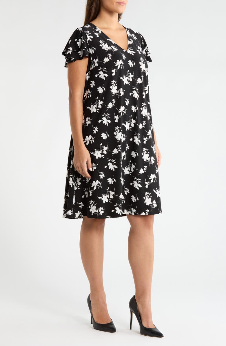 AK ANNE KLEIN Floral Double Flutter Sleeve Dress, Alternate, color, Anne Black/ White Dove