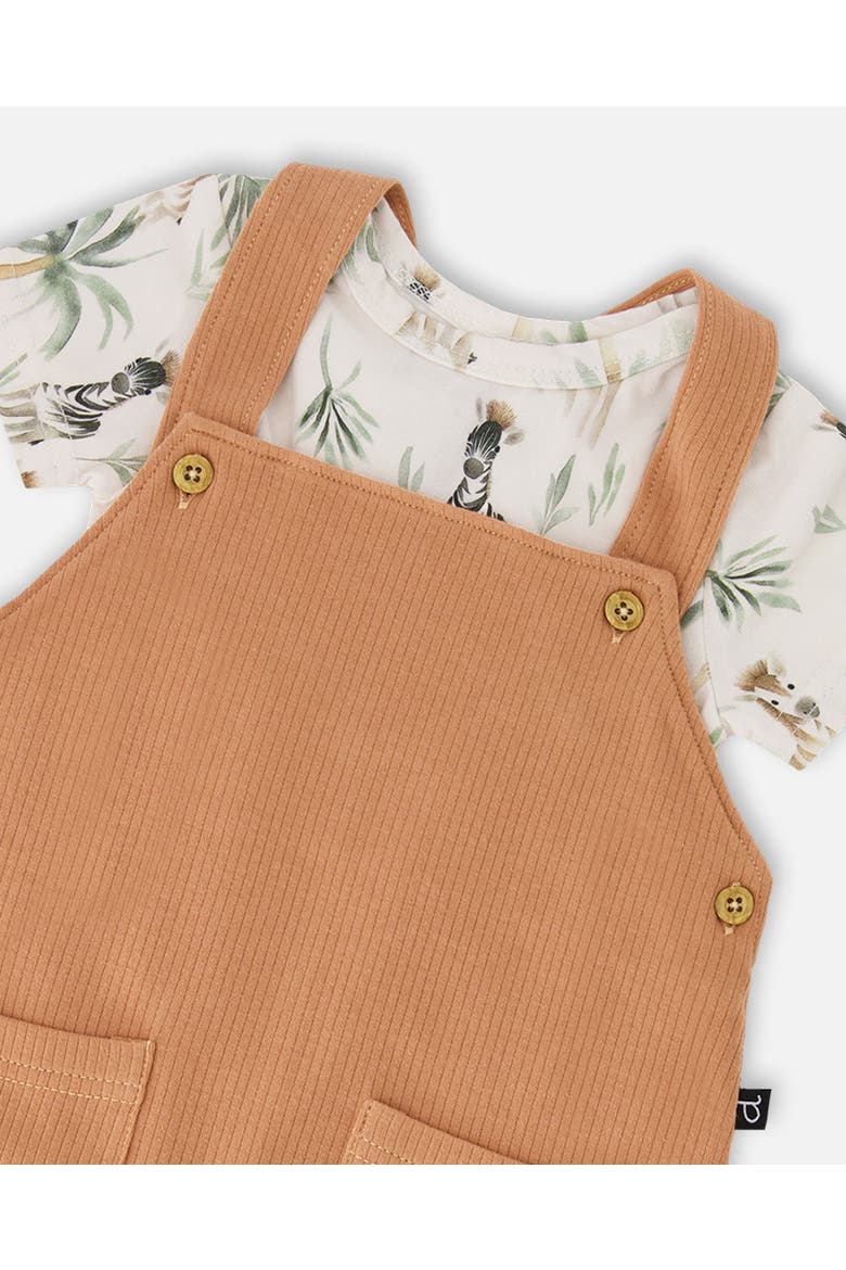 Organic Cotton Jersey Bodysuit and Cotton Rib Shortall Set, Alternate, color, Beige Zebra Print & Caramel