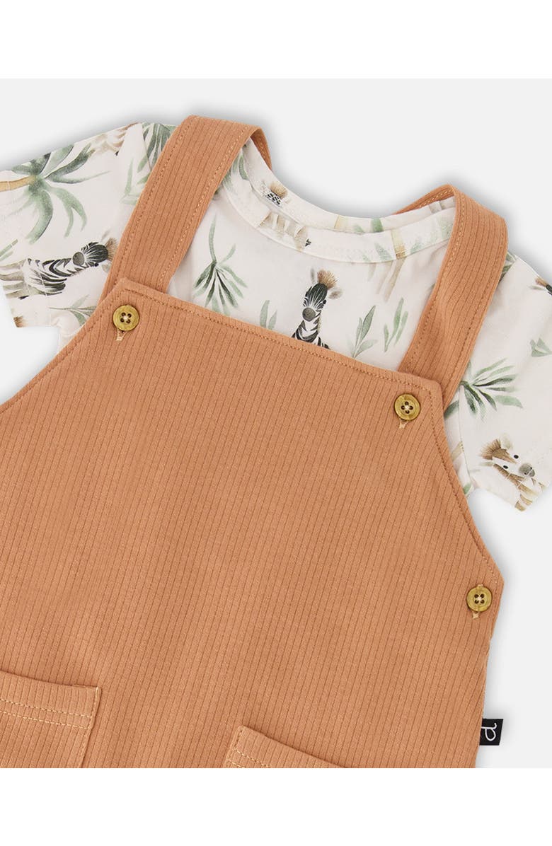 Deux par Deux Organic Cotton Jersey Bodysuit and Cotton Rib Shortall Set, Alternate, color, Beige Zebra Print & Caramel
