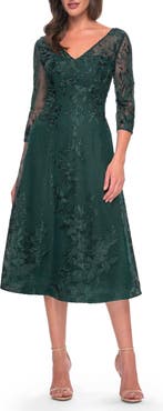 La Femme Stylish Tea Length Mother of the Bride Dress with Sleeves