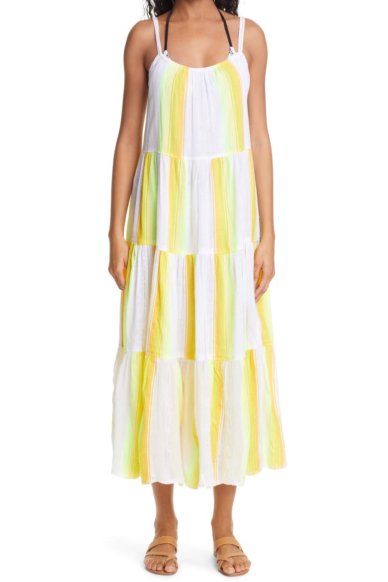 Mazaa Cascade Stripe Tiered Midi Cover-Up Dress, Main, color, YELLOW