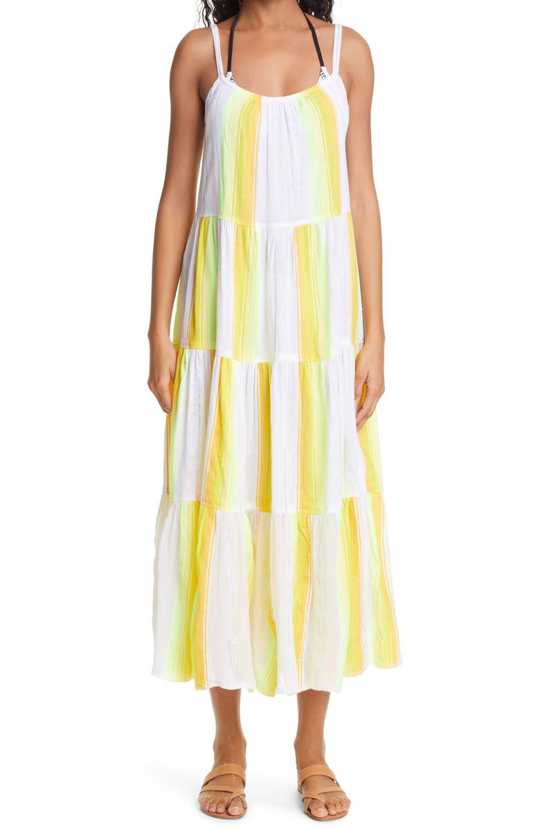 lemlem Mazaa Cascade Stripe Tiered Midi Cover-Up Dress, Main, color, 