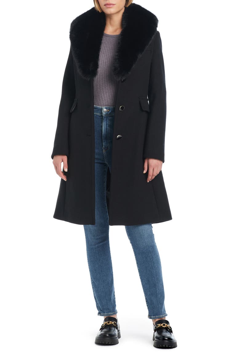 wool blend coat with removable faux fur collar, Alternate, color, BLACK