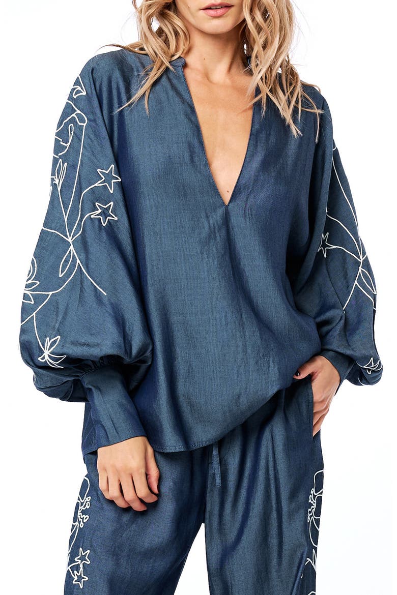 Charli Embroidered Sleeve Top, Alternate, color, DENIM BLUE