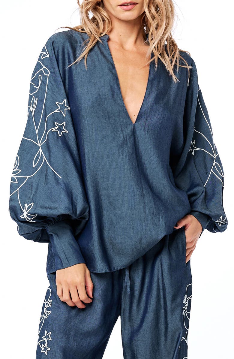 CIEBON Charli Embroidered Sleeve Top, Alternate, color, Denim Blue