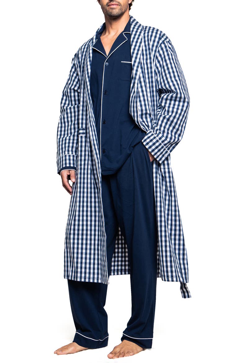 Men's Gingham Cotton Twill Robe, Main, color, NAVY