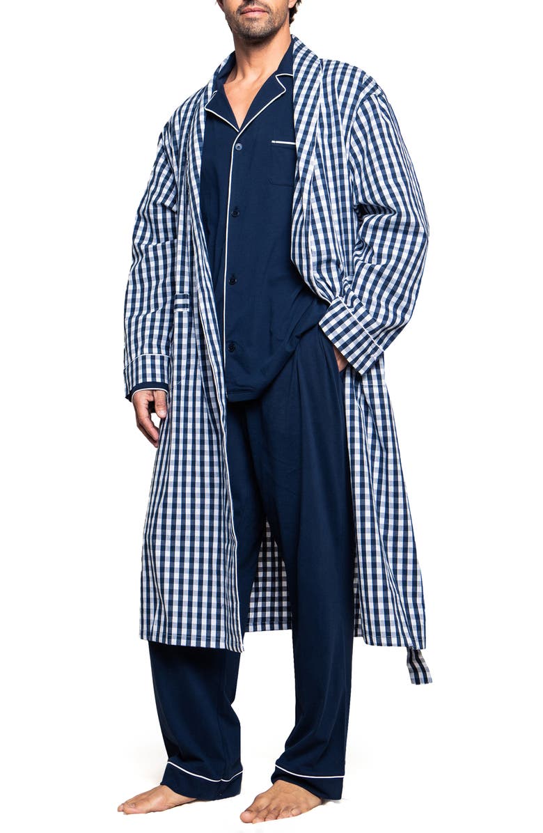 Petite Plume Men's Gingham Cotton Twill Robe, Main, color, Navy