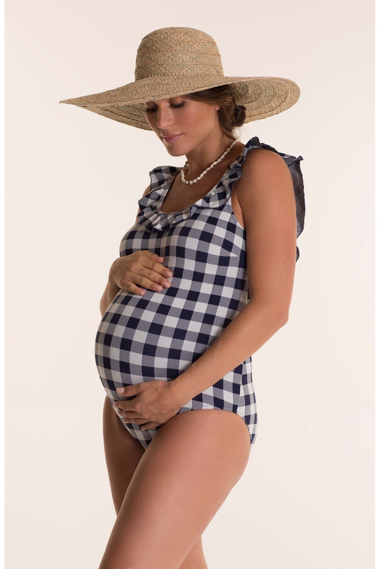 Greta Gingham Check One-Piece Maternity Swimsuit, Alternate, color, NAVY