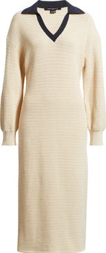 French Connection Mozart Contrast Collar Long Sleeve Midi Sweater Dress