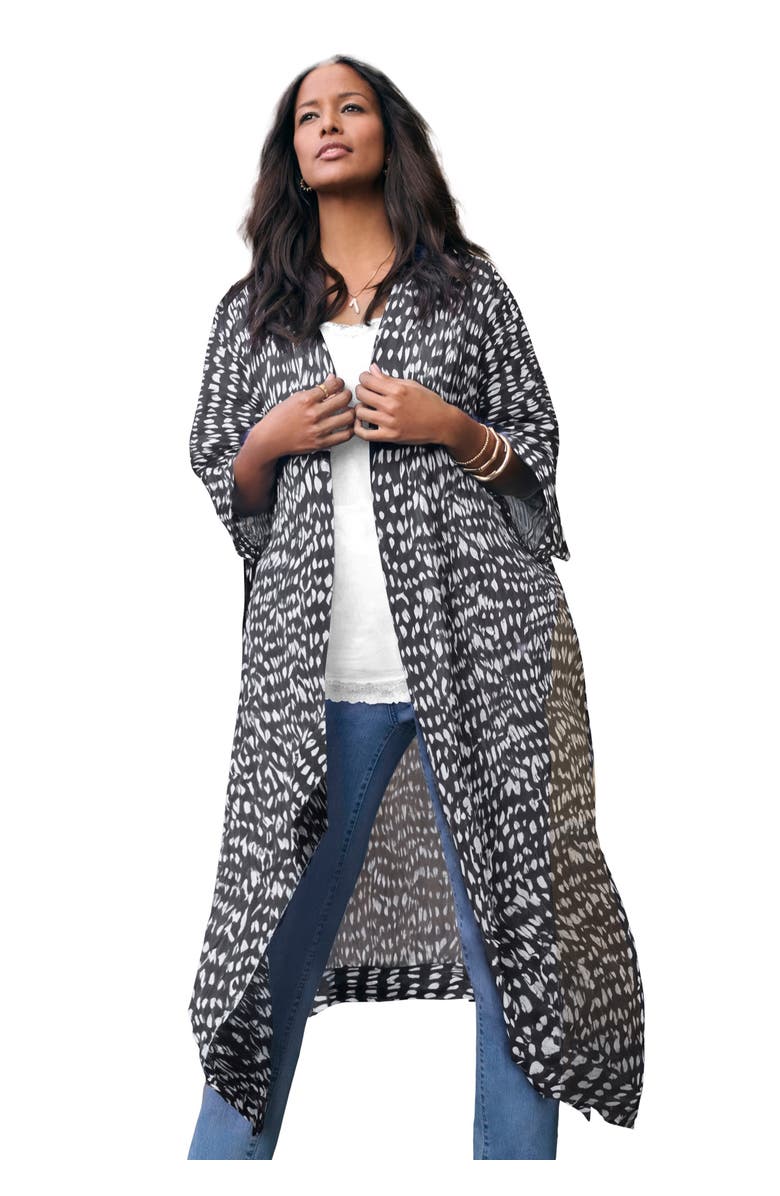 Roaman's Plus Size Flowy Chiffon Duster, Main, color, Black Ikat Texture