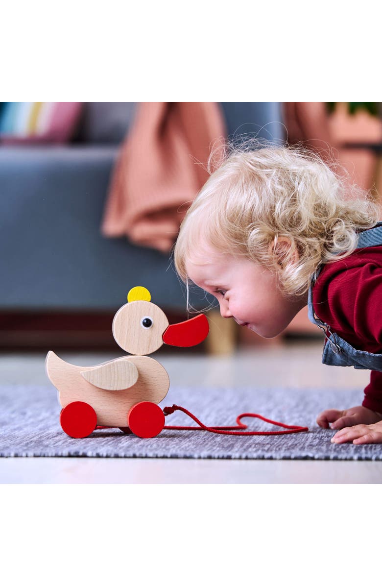 HABA Classic Duck Pull Toy - Montessori Toys for 1 Year Old, Developmental Learning and Baby Walking Toy, Made in Germany, Alternate, color, Red Multi
